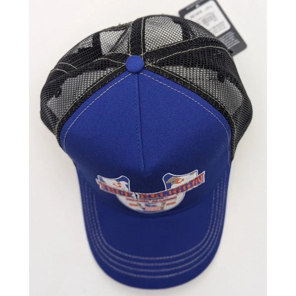 True Religion Mens Surf The Web Blue Embroidered Trucker Hat Snapback TR4245 NEW